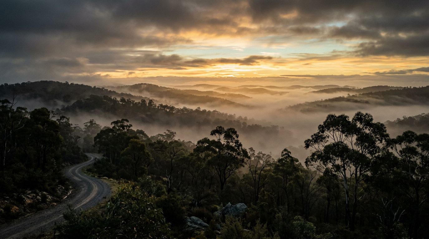 Adelaide Hills landscape at dawn with eucalyptus mist