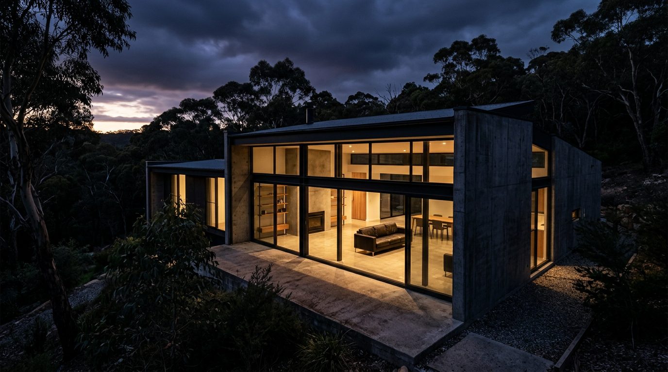 Modern Adelaide Hills home with concrete floors and glass at twilight