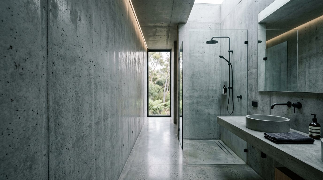 Cool concrete hallway interior, minimalist Australian architecture